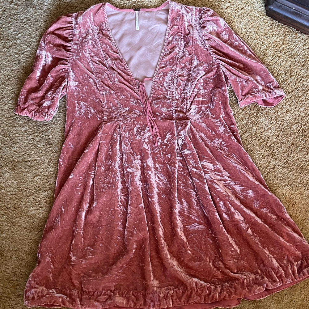 Free People Pink Crushed Velvet V-Neck Babydoll Tunic
